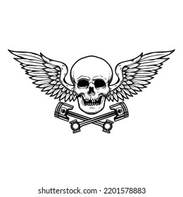 Winged skull with crossed pistons. Design element for emblem, sign, badge, logo. Vector illustration