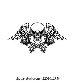 Winged skull with crossed pistons. Design element for emblem, sign, badge, logo. Vector illustration