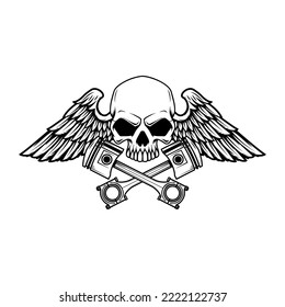 Winged skull with crossed pistons. Design element for emblem, sign, badge, logo. Vector illustration