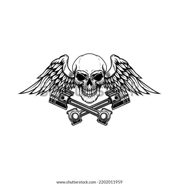Winged skull with crossed\
pistons. Design element for emblem, sign, badge, logo. Vector\
illustration