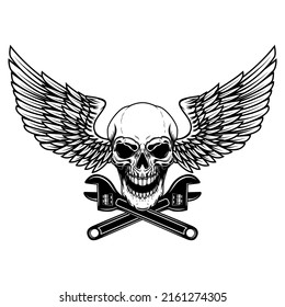 Winged skull with crossed wrenches. Design element for emblem, sign, badge, logo. Vector illustration