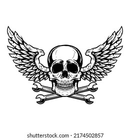 Winged skull with crossed wrenches. Design element for emblem, sign, badge, logo. Vector illustration