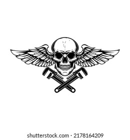 Winged skull with crossed wrenches. Design element for emblem, sign, badge, logo. Vector illustration