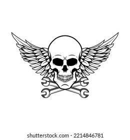 Winged skull with crossed wrenches. Design element for emblem, sign, badge, logo. Vector illustration