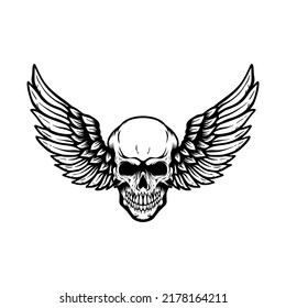 Winged skull . Design element for emblem, sign, badge, logo. Vector illustration