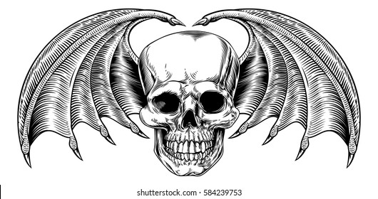 A winged skull drawing with bat or dragon wings in a vintage retro woodcut etched or engraved style
