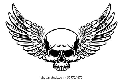 A winged skull drawing in a vintage retro woodcut etched or engraved style