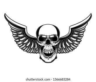 Winged skull in engraving style. Design element for poster, logo, label, sign, badge. Vector illustration