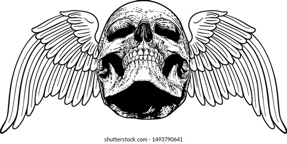 A winged skull graphic. Original illustration in a vintage engraving woodcut etching style.
