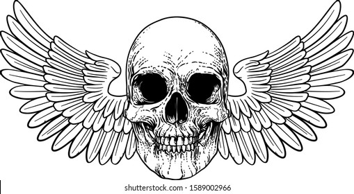 A winged skull graphic. Original illustration in a vintage engraving woodcut etching style.
