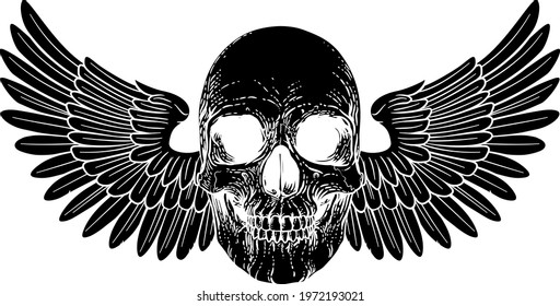 A winged skull graphic. Original illustration in a vintage engraving woodcut etching style.
