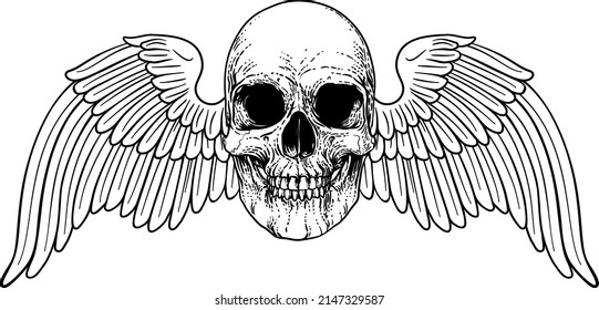 A winged skull graphic. Original illustration in a vintage engraving woodcut etching style.
