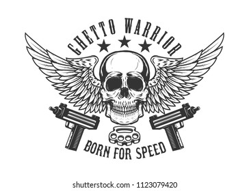Winged skull with guns. Design element for logo, label, emblem, sign. Vector image
