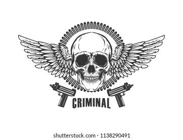 Winged skull with handguns. Design element for logo, label, emblem, sign, t shirt. Vector illustration