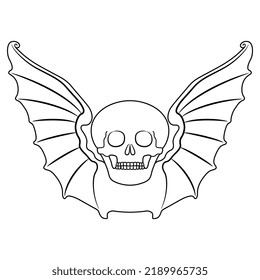 Winged skull. Human dead head with bat wings. Medieval death symbol. Memento mori. Black and white linear silhouette.