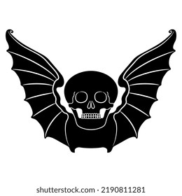 Winged skull. Human dead head with bat wings. Medieval death symbol. Memento mori. Black and white negative silhouette.