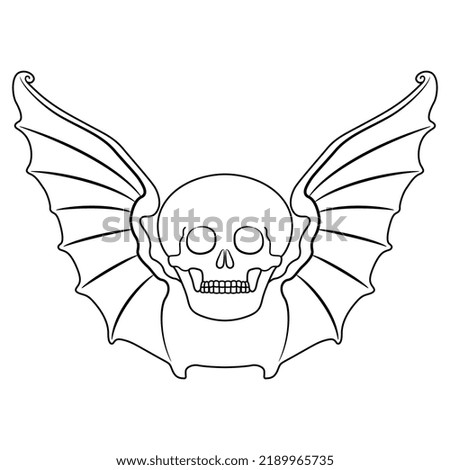Winged skull. Human dead head with bat wings. Medieval death symbol. Memento mori. Black and white linear silhouette.
