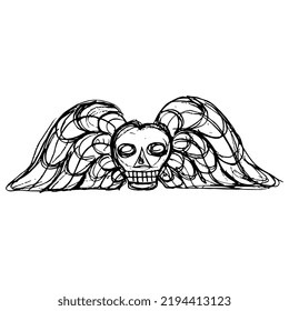 Winged skull. Medieval death symbol. Hand drawn linear doodle rough sketch. Black silhouette on white background.