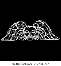 Winged skull. Medieval death symbol. Hand drawn linear doodle rough sketch. White silhouette on black background.