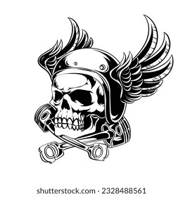 Winged skull motorcycle club emblem with piston
