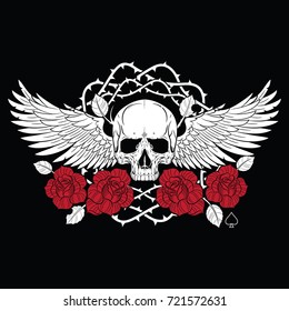 Winged skull and roses, isolated on black, vector illustration