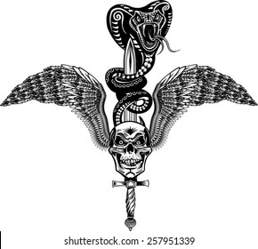 Winged Skull with Sword and Snake Tattoo Cobra