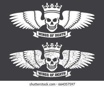 Winged Skull Vector Design
Vector illustration of human skull wearing a crown with large spread wings. Includes both clean and distressed, grunge versions.