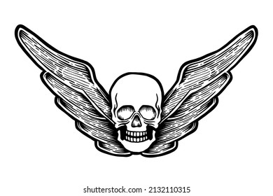 Winged Skull vector illustration - Hand drawn - Out line