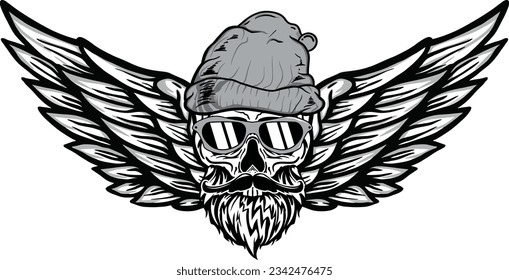 Winged Skull Vector Vintage with mustache and beard