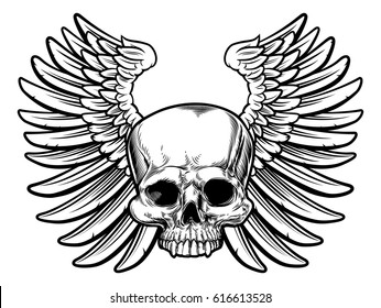 Winged skull in a vintage retro woodcut etched or engraved style