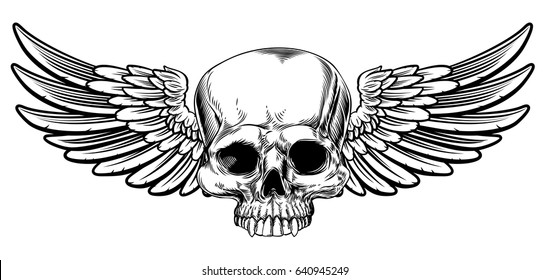 Winged skull vintage woodcut etched or engraved style drawing 