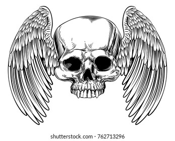 A winged skull in a vintage woodcut etched or engraved style