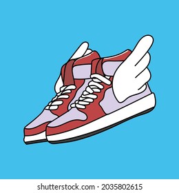 Winged sneakers. flying shoes, colorful,  isolated on blue background. Vector illustration