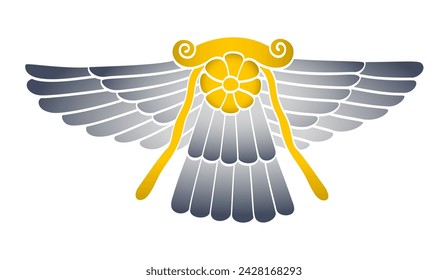 Winged solar disk of god Ashur, a sun emblem with wings. Symbol of Ashshur, the main god of Assyrian mythology in Mesopotamian religion, and the city god of the eponymous Mesopotamian city of Assur.