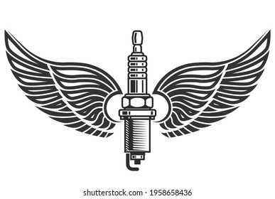Winged spark plug, car service logo or emblem,  engine sign, vector