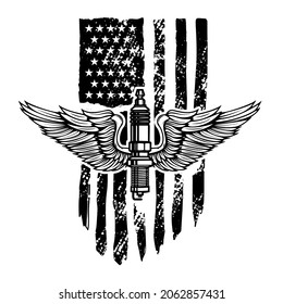 Winged spark plug on american flag background. Design element for logo, emblem, sign, poster, t shirt. Vector illustration