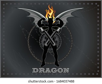 Winged standing man silhouette. Bodybuilder silhouette