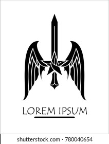 winged star and sword in black and white