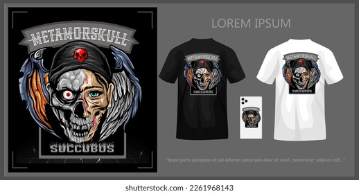 Winged succubus head illustration t-shirt design with skull complete with mock up.