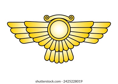 Winged sun emblem of god Ashur, a sun disk with wings. Also spelled Ashshur, the main god of Assyrian mythology in Mesopotamian religion, and the city god of the eponymous Mesopotamian city of Assur.