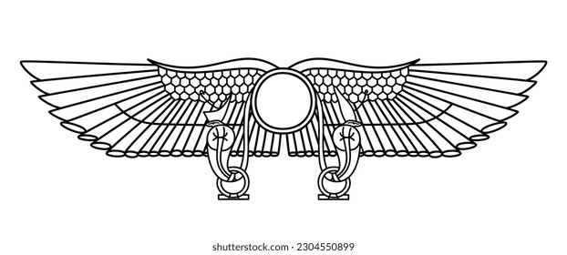 Flügelsonne von Thebes. Das Sonnensymbol der Göttlichkeit, der Königlichkeit und der Macht im alten Ägypten flankiert auf beiden Seiten mit einem Uranus, einer aufziehenden Kobra. Oft als antike Darstellung von Nibiru oder Planet X.