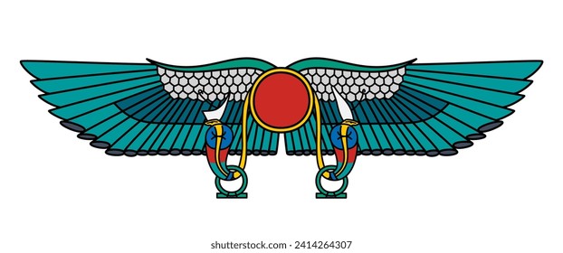 Flügelsonne von Thebes. Sonnensymbol der Göttlichkeit, der Königlichkeit und der Kraft im alten Ägypten, eine geflügelte Sonnenstube, die auf beiden Seiten mit einem Uranus, einer aufziehenden Kobra flankiert wird. Wahrscheinlich alte Darstellung von Nibiru.