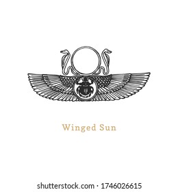 Winged Sun, vector illustration in engraving style. Vintage pastiche of esoteric and occult sign. Drawn sketch of magical and mystical symbol.