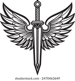 winged swod, engraving art style, vector graphic, white background, ultrafine clean vector, sharp, crisp lineart, ultra clear, isolated white background.