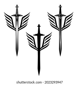 diseño vectorial blanco y negro de la espada alada para la insignia de la noción de seguridad y protección