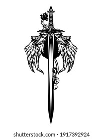 Winged Sword Blade Entwined With Rose Flower - Black And White Vector Design For Guardian Angel Concept