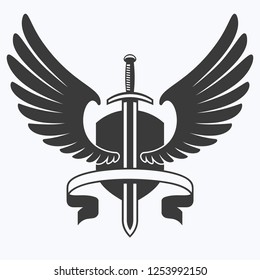 The winged sword with shield and ribbon vector icon.