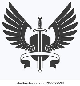 The winged sword with shield and ribbon vector icon.