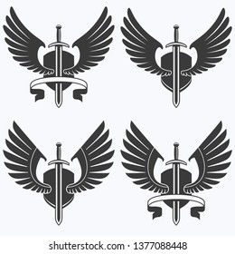 The winged sword with shield and ribbon vector icon set.