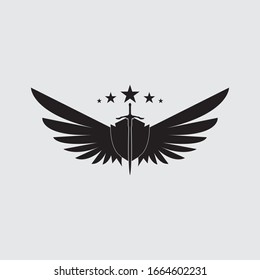 La espada alada con el icono del vector escudo.